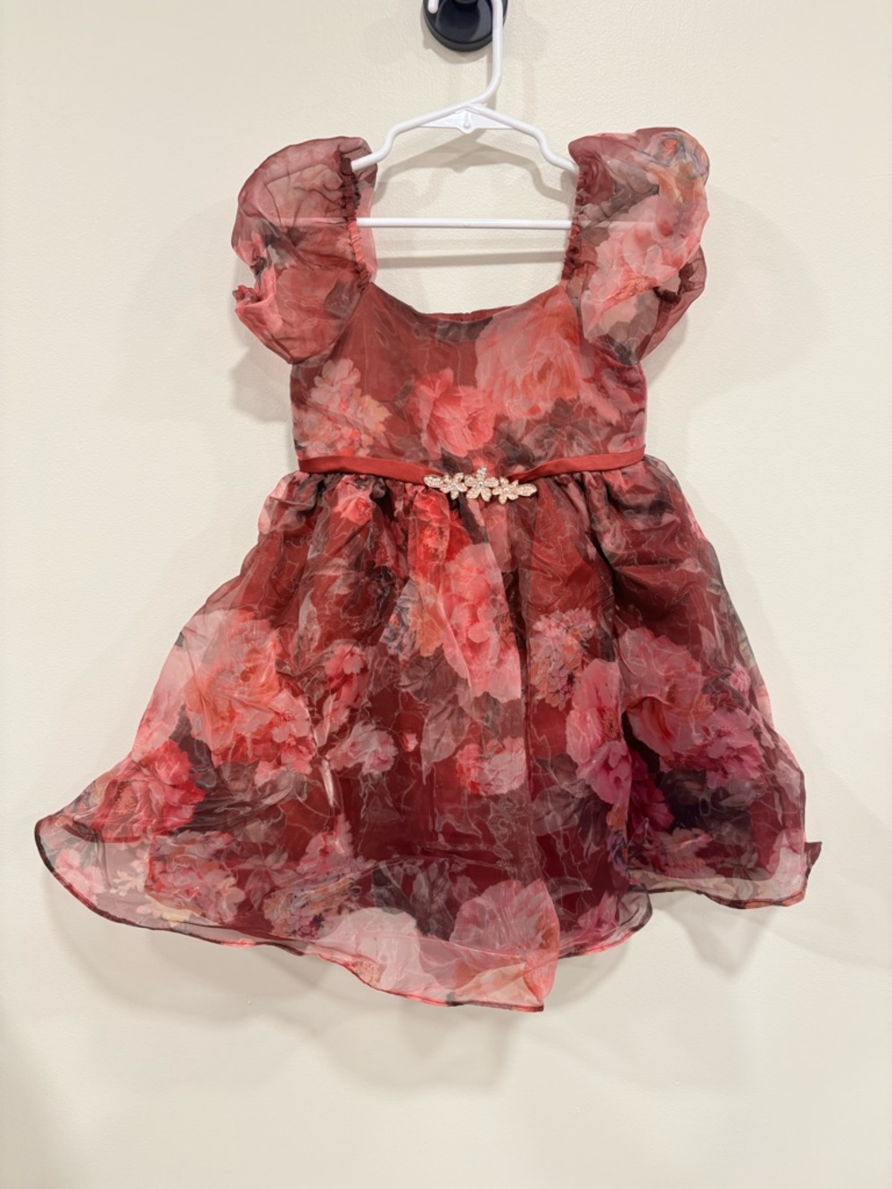Rare Editions Burgundy Floral Organza Party Dress w/ Puff Shoulders